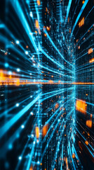 Leinwandbilder - Digital data streams pulsing through luminous cyberspace, blue and orange light networks intersecting with dynamic visual complexity