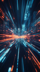 Poster - Light trails and binary code creating sense of speed in futuristic cityscape, perfect for technology and innovation concepts