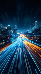 Aufkleber - Luminous light trails weaving through nighttime futuristic cityscape, generating kinetic energy across sleek architectural silhouettes
