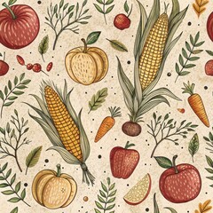 Sticker - Autumn Harvest Seamless Pattern with Apples Corn Pumpkins Carrots