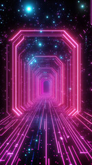 Aufkleber - Pink and blue neon lights shaping a tunnel with data stream flowing through space and stars in the background