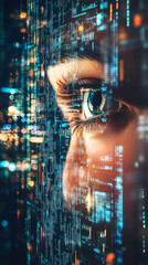 Leinwandbilder - Cybersecurity professional scanning programming code on illuminated digital display, focusing on software development process