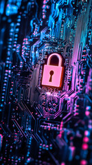 Fototapete - Pink glowing digital padlock securing connections on an electronic circuit board representing data protection and cybersecurity