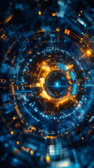 Poster - Digital portal rotating, glowing with streaming source code, representing technological innovation and advanced programming dynamics