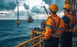 © Surachetsh - Two engineers in protective gear monitor offshore wind turbines, reflecting the high-level skills and commitment essential for marine environment maintenance.