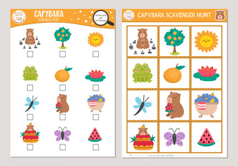 Wall Mural - Vector capybara scavenger hunt cards set. Seek and find game with cute animals for kids. Capibara searching activity. Simple educational printable worksheet with butterfly, frog, tangerine