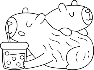 Wall Mural - Vector black and white capybara icon. Cute line capibara sitting on each other and drinking bubble tea. Funny animal illustration isolated on white background. Guinea pig clipart, coloring page