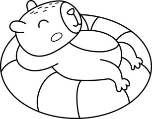 Wall Mural - Vector black and white capybara icon. Cute line capibara lying and swimming on floatie. Funny animal illustration isolated on white background. Comic guinea pig clipart, coloring page