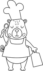 Wall Mural - Vector black and white capybara icon. Cute line capibara cook in apron and chef hat, holding cutting board and spoon. Funny animal illustration isolated on white. Guinea pig clipart, coloring page