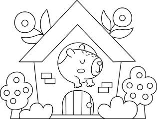 Wall Mural - Vector black and white capybara icon. Cute line capibara sitting in little house with flowers. Funny animal illustration isolated on white background. Comic guinea pig clipart, coloring page