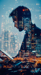 Poster - Professional working on digital tablet, night cityscape overlay symbolizing urban technology innovation