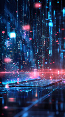 Leinwandbilder - Digital rain falling on futuristic laptop keyboard, creating a holographic projection of a city with colorful lights and data streams