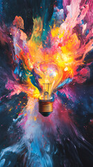 Aufkleber - Vibrant paint splattering from exploding light bulb, symbolizing bursting creativity against dark backdrop of imagination