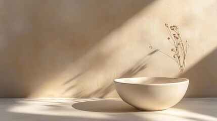 Wall Mural - Elegant White Bowl Placed on Wooden Table Surrounded by Natural Light Creating a Warm Atmosphere