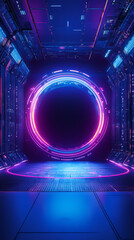 Aufkleber - Luminescent circular portal glowing intensely through sleek technological hallway, radiating vivid electromagnetic energy
