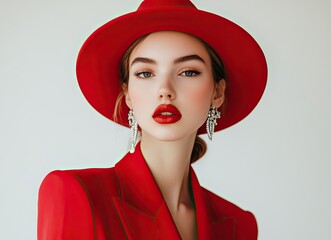 Wall Mural - A beautiful fashion model poses in a red coat, with her hand on her hat, against a white background.