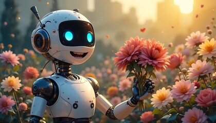 cute robot, flower garden, colorful chrysanthemums, glowing eyes, soft lighting, sunset backdrop, di