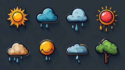 a collection of weather icons depicting sun, clouds, rain, and a tree, illustrating different weathe