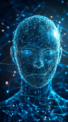 Leinwandbilder - Digital human face made of glowing lines and dots, representing artificial intelligence, machine learning and neural network