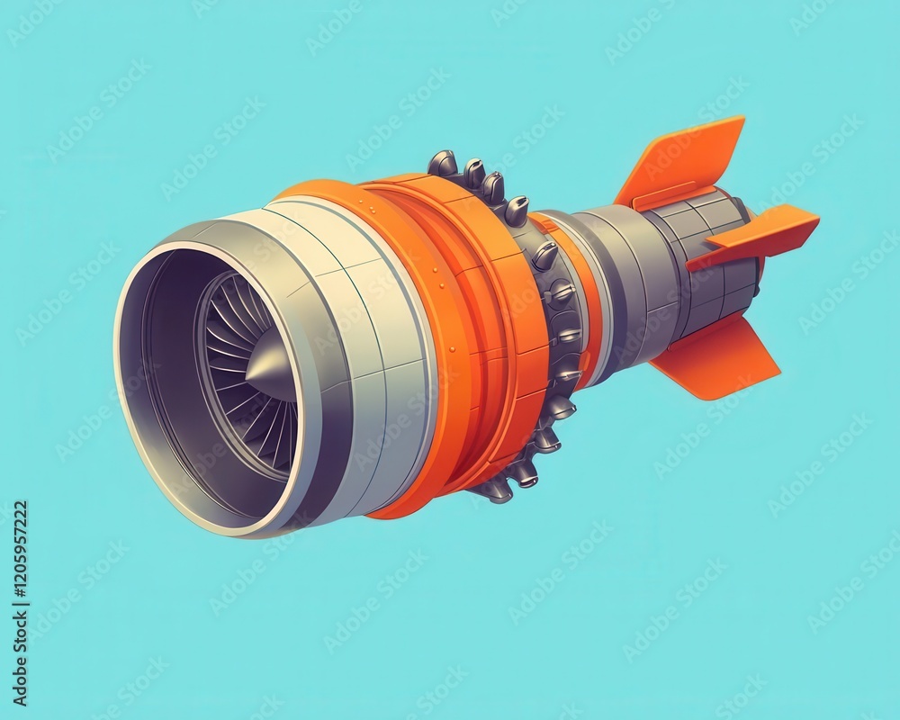 Isometric exploded technical drawing of a turbojet engine for military ...