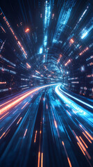 Leinwandbilder - Futuristic tunnel with data traffic visualized as light trails and binary code flowing at high speed