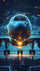 Leinwandbilder - Futuristic data analysis interface projected on an airplane standing on the airport runway at night