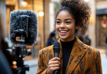 Poster - a happy young woman being interviewed by a TV reporter with a microphone in front of a building