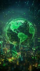 Poster - Green planet Earth with binary code network is digitally generated above futuristic city skyline at night, concept of global communication and metaverse