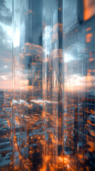 Leinwandbilder - Glowing skyscrapers dominate futuristic cityscape at sunset, showcasing innovative architecture and urban development