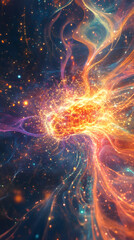 Poster - Cosmic gases swirling, vibrant colors dancing, sparkling particles bursting through dark space, revealing intricate energy of stellar formation