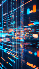 Poster - Programming code displaying dynamic data flow with vibrant blue and orange hues across digital screen