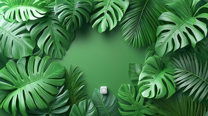 Tropical leaves frame, green background, product display