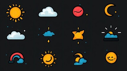 a colorful collection of weather icons depicting sun, clouds, rain, and moon phases.