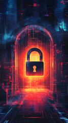 Fototapete - Digital circuits converging into binary tunnel, illuminating secure padlock representing advanced cybersecurity network protection