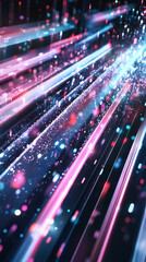 Leinwandbilder - Parallel light trails with glowing particles create a futuristic cyberspace effect, ideal for technology and communication concepts
