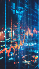 Poster - Illuminated financial graph rising over urban skyline, representing economic progress and investment potential at nighttime