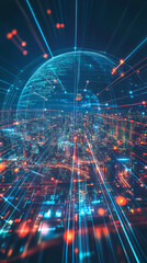 Aufkleber - Light trails and digital globe connecting global business and technology in smart city network at night