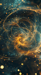 Poster - Glowing golden energy spiral swirling dynamically, spinning luminous particles against deep cosmic darkness, radiating ethereal motion