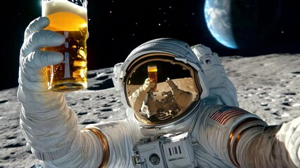 Wall Mural - astronaut enjoying a beer while on the moon