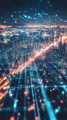 Poster - Network of lines and dots connecting buildings in a smart city, representing data transfer and futuristic technology