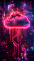 Poster - Cloud computing transferring data through futuristic electronic circuits with pink and blue neon light and dark background