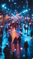 Aufkleber - Crowd of people walking on illuminated city street at night connected by network, concept of social connection, internet of things and smart city
