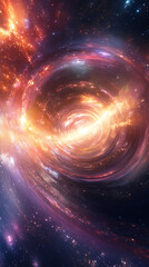 Poster - Colorful wormhole opening in deep space, surrounded by swirling clouds of gas and dust, with glowing energy and bright light