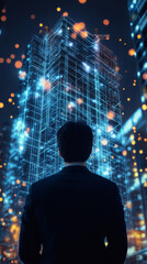 Poster - Businessman looking at holographic projection of building under construction, concept of innovation, technology and future of architecture
