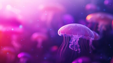 Leinwandbilder - Diving into a surreal underwater landscape, glowing jellyfish float gracefully among vibrant corals, enhanced by ethereal soft light from above