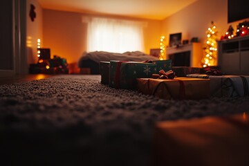 Aufkleber - Colorful Christmas gift boxes are placed on the floor in warm ambient light, emphasizing their festive wrapping and creating a welcoming holiday mood in the room