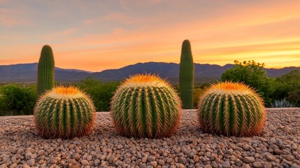 Wall Mural - Three round cacti bask in the golden glow of a sunset, surrounded by gravel and framed by distant mountains and a clear sky.