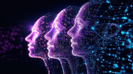 Abstract neural network representation with glowing human profiles illustrating deep learning and AI system development.