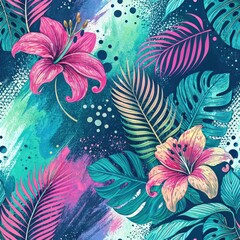 Wall Mural - Vibrant Tropical Floral Seamless Pattern Pink Lilies Palm Leaves Abstract Paint Splatter Background