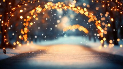 Aufkleber - Softly falling snow complements glowing arches in a tranquil winter landscape, creating a serene atmosphere ideal for peaceful moments and reflection